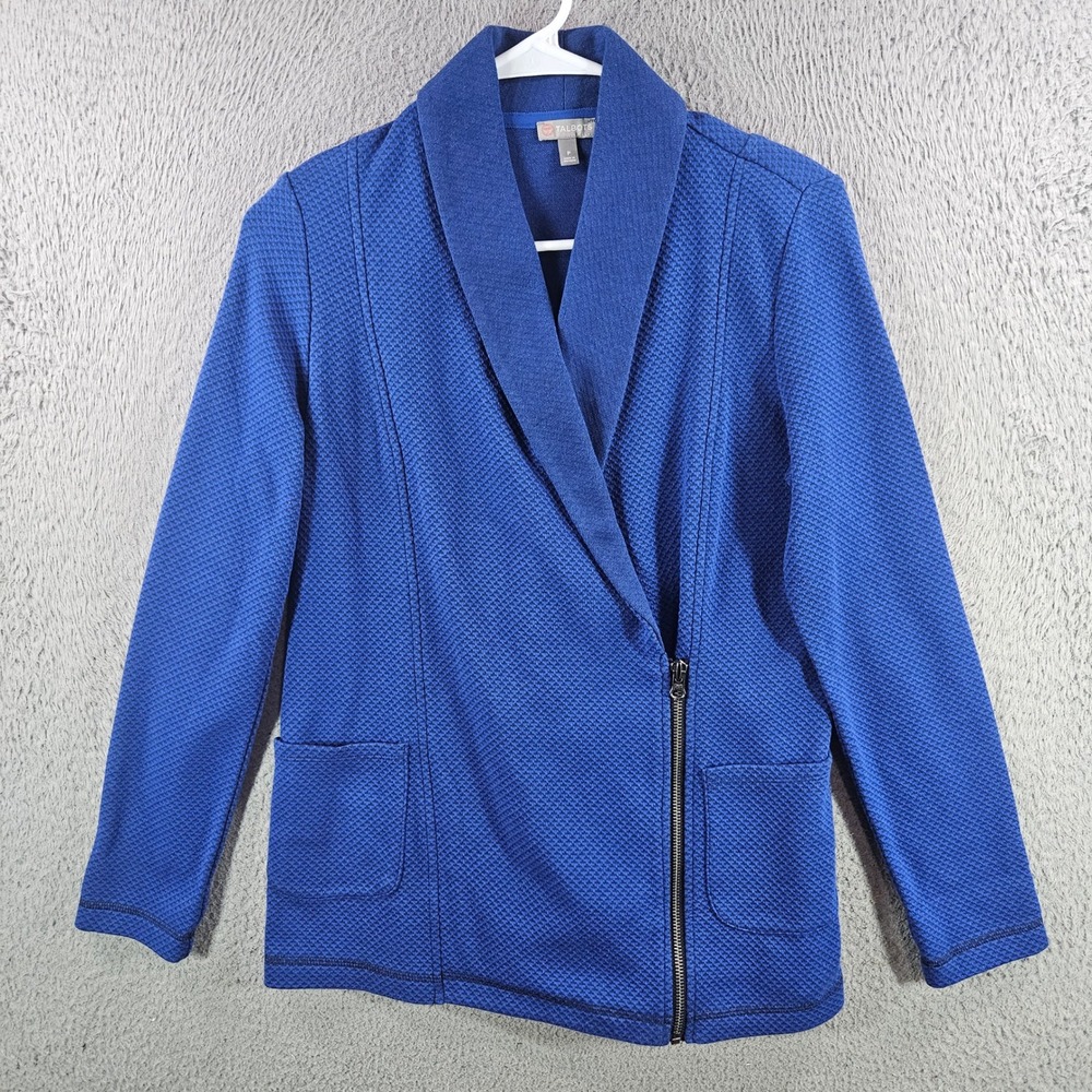 Talbots Blue Textured Knit Asymmetrical Zip Blazer Jacket Shawl Collar Petite P